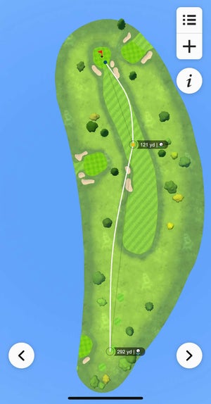 A screenshot of a hole played using the Garmin Approach S70 watch.