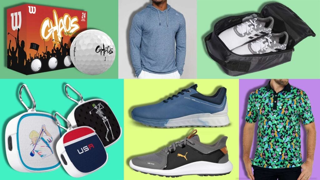 Chaos golf balls, Rhoback sweatshirt, golf shoe bag, Precision Pro Duo GPS clip-on speaker, Ecco and Puma shoes, and a Good Good golf polo. Read the article to see the rest of the items.