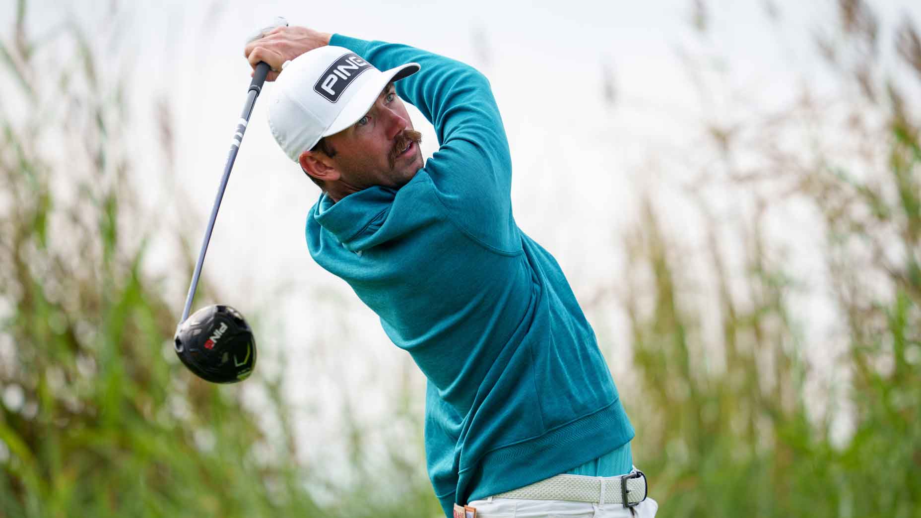 Chandler Phillips of the United States hits a tee shot on the eighth hole during the final round of the Korn Ferry Tour Championship presented by United Leasing and Finance at Victoria National Golf Club on October 8, 2023 in Newburgh, Indiana.