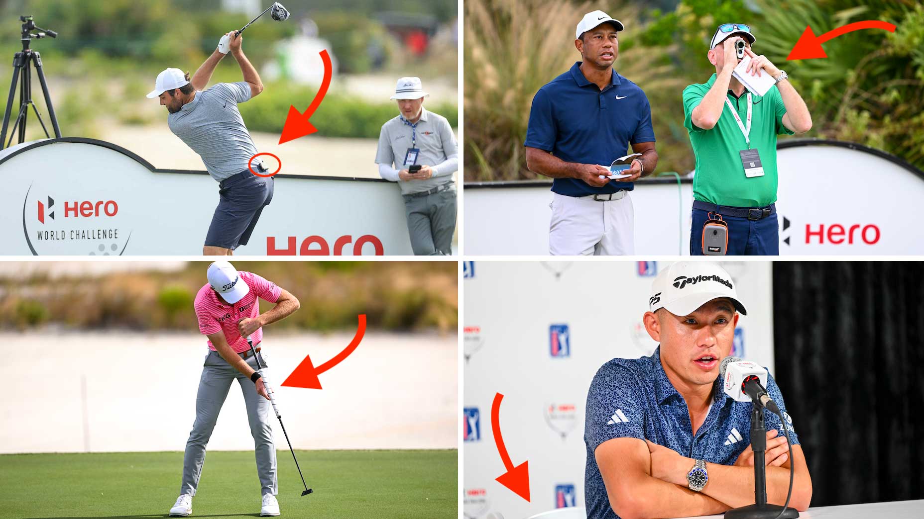 Scottie Scheffler with a new bit of PGA Tour technology, Tiger Woods with a new face on the bag, Collin Morikawa with a new perspective on sitting and Will Zalatoris with a new putter in his bag. (Clockwise from top left)
