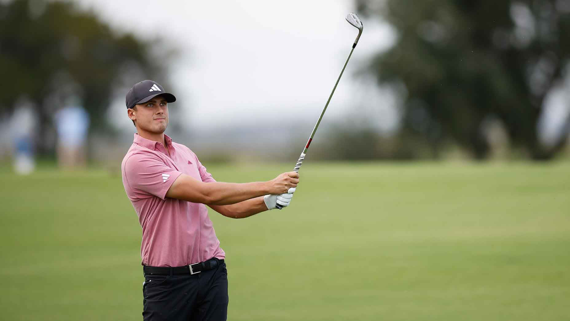 Ludvig Aberg of Sweden hits from the 16th fairway during the second round of The RSM Classic on the Seaside Course at Sea Island Resort on November 17, 2023 in St Simons Island, Georgia.