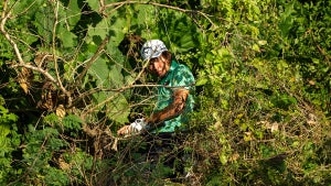 Phachara Khongwatmai finds himself in trouble on hole 16 during the final round of the Hong Kong Open at Hong Kong Golf Club