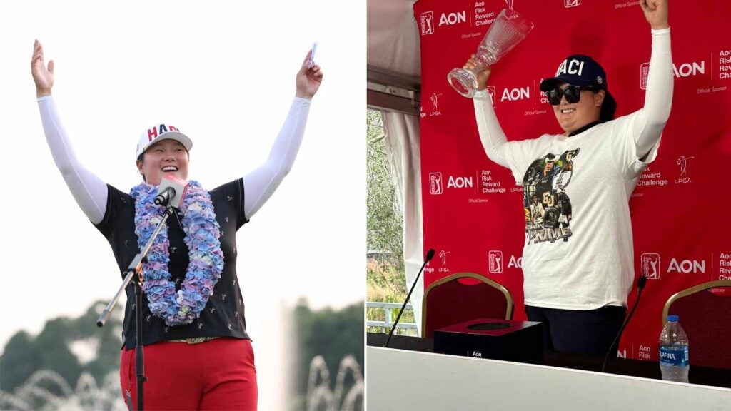 left: angel yin raises her arms in celebration with lei around her neck. right: angel yin raises her arms in celebration while lifting aon risk-reward trophy