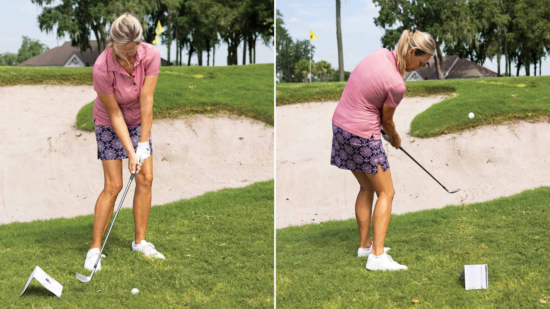 carol preisinger demonstrates how to hinge your wrists and hit shot over a bunker