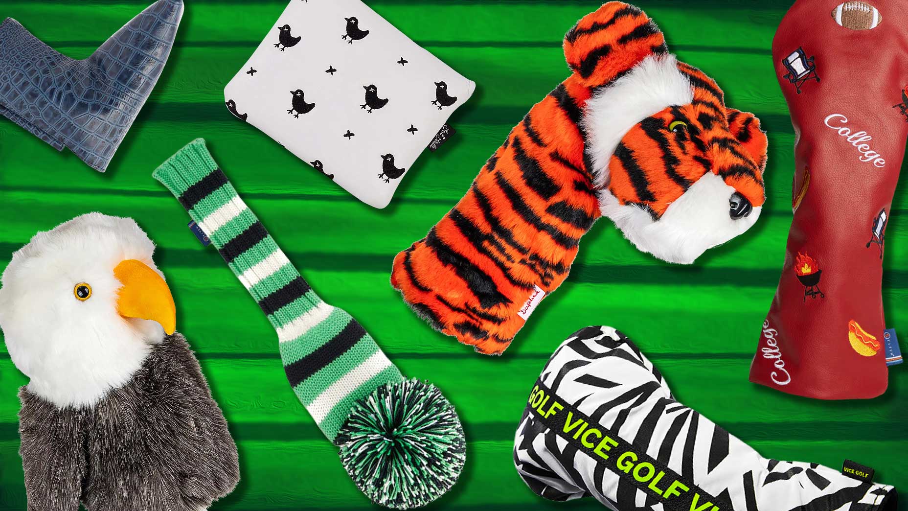 A collection of golf headcovers arranged on a green background