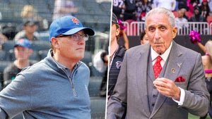left, steve cohen wears mets hat at mets game at citi field; right, arthur blank wears suit with red tie at atlanta falcons game