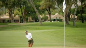 Amateur Gabriela Ruffels of Australia plays a pitch shot to the 12th green during the third round of the ANA Inspiration at the Dinah Shore course at Mission Hills Country Club on September 12, 2020 in Rancho Mirage, California.