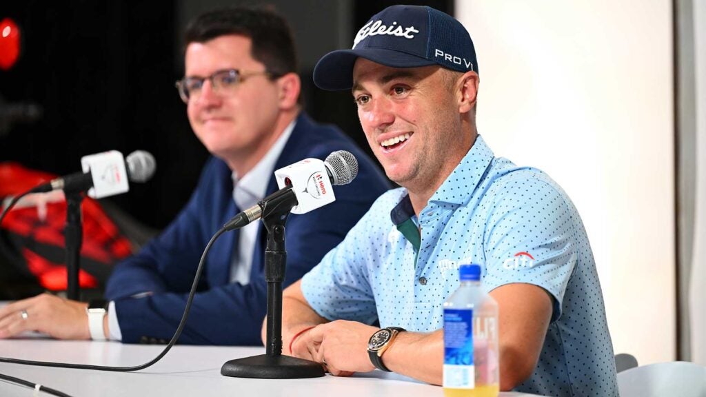 Justin Thomas speaks to the media at the Hero World Challenge on Tuesday in the Bahamas.