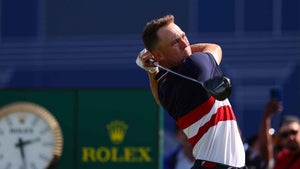 justin thomas swings driver without a hat at the ryder cup in marco simone, italy