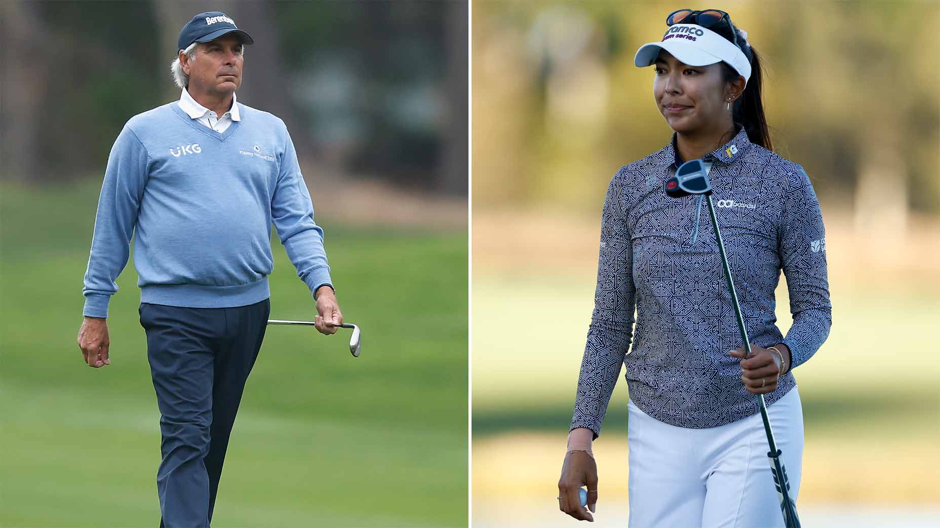 fred couples walks with a putter in his hand wearing a blue sweater. alison lee stands wearing a visor wearing a grey pullover