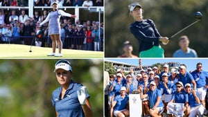 four pictures: top right - nelly korda swings in blue shirt and teal shorts, top left - lilia vu celebrates on a green in blue dress, bottom right, european solheim cup team celebrates together, bottom left - lexi thompson waves with a glove on her left hand