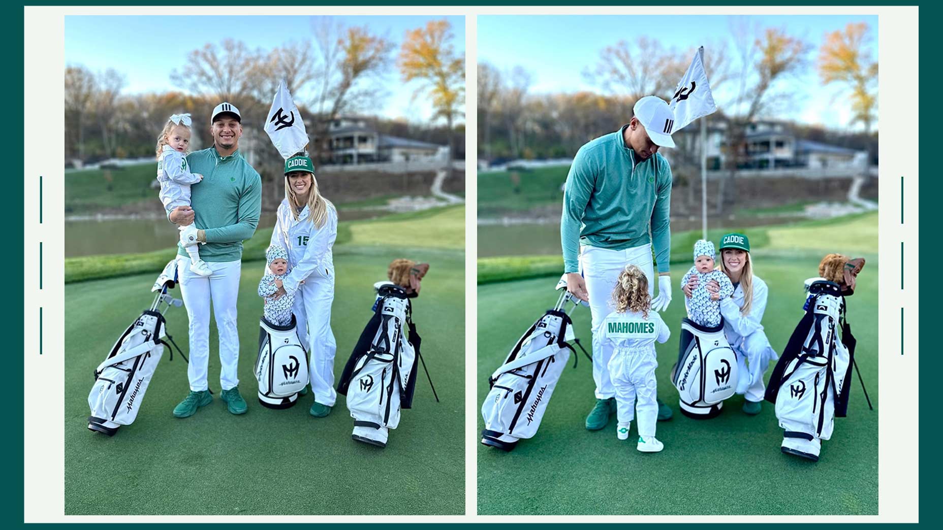 A collage Patrick Mahomes' (the starting quarterback for the Kansas City Chiefs) instagram post of and his family wearing masters themed caddie uniforms for Halloween 2023.