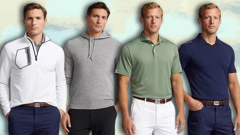 POLO RLX - 4 men wearing the following pieces: Luxury Jersey Pullover (white), Cashmere Hooded Sweater (grey), Classic Fit Houndstooth Jacquard Polo (green), Custom Slim Fit Stretch Mesh Polo Shirt (navy blue).