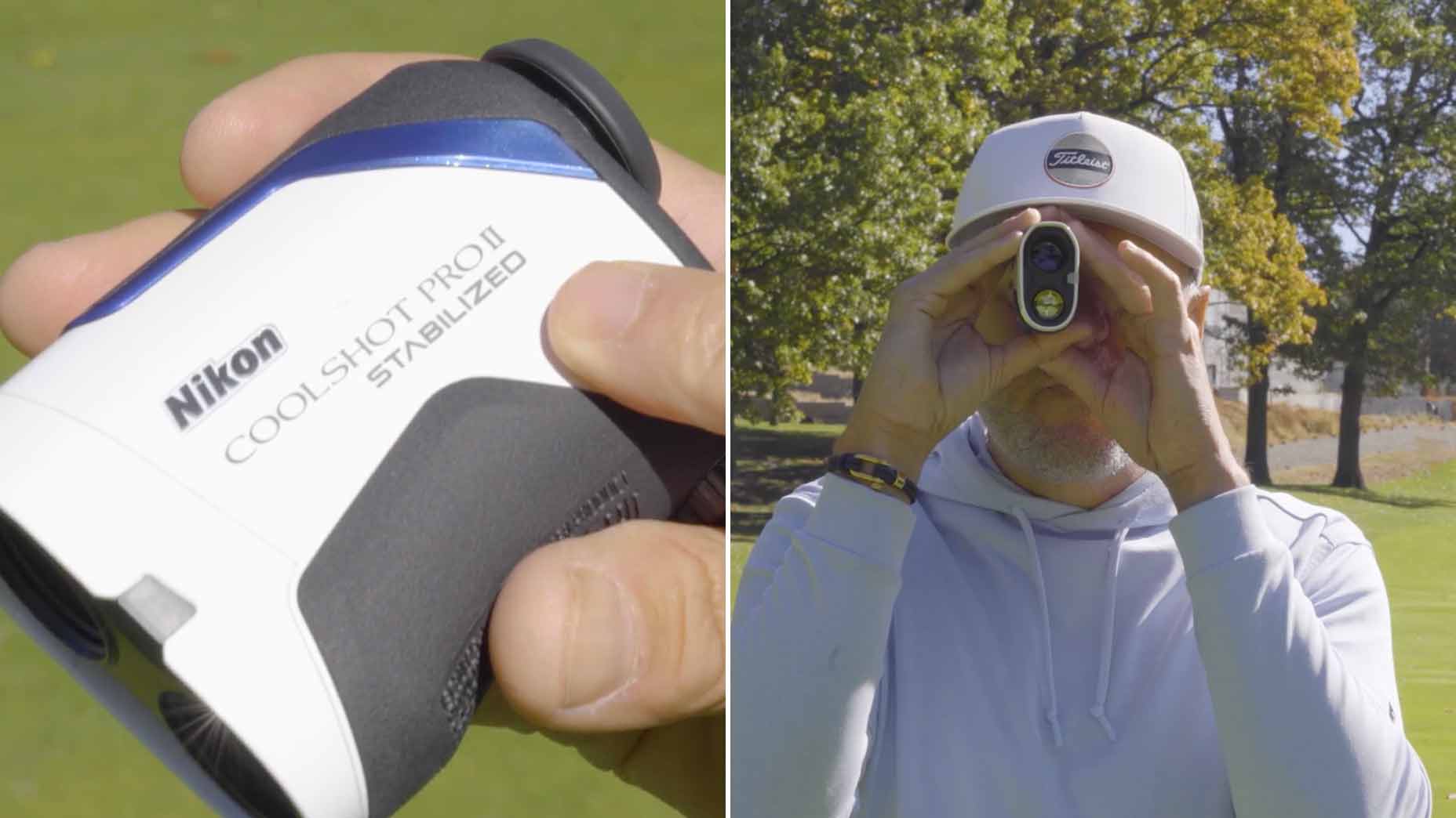 GOLF Top 100 Teacher Jonathan Yarwood holds nikon rangefinder and demonstrates how to use it