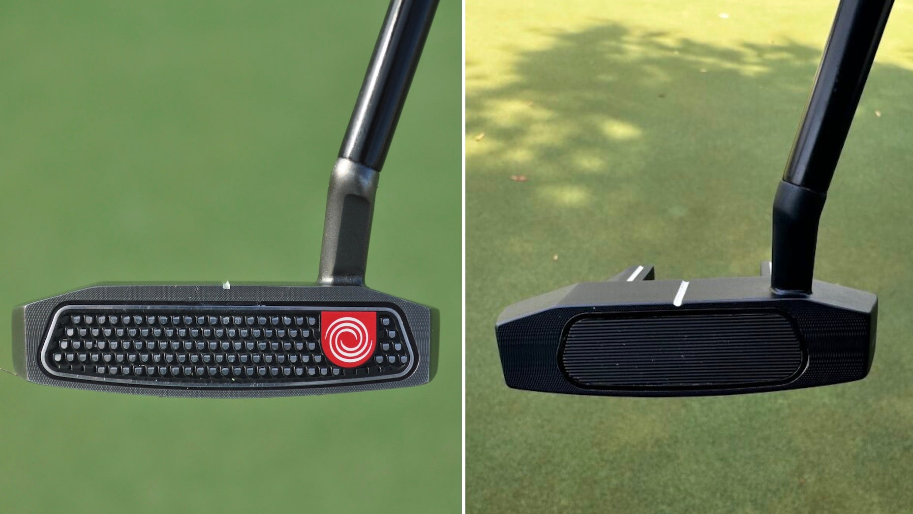 Split image of wo odyssey ai-one putters on a golf course
