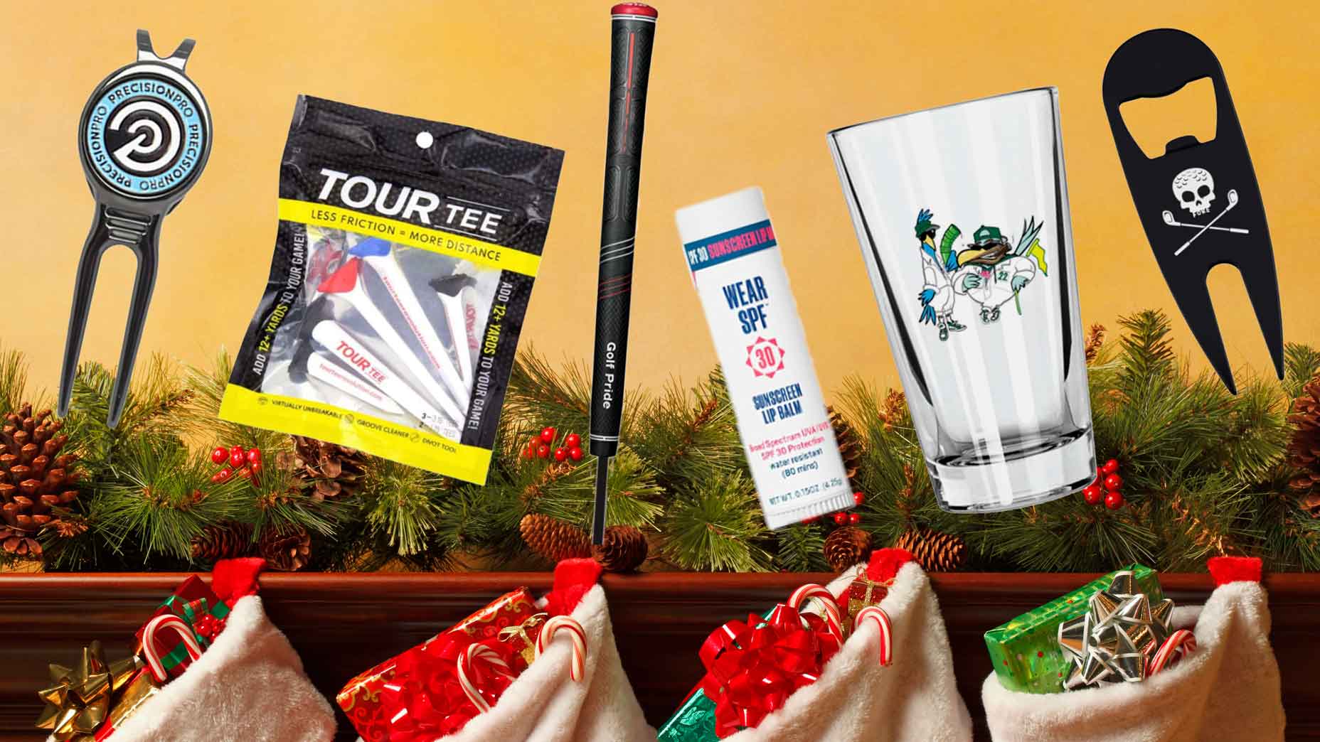 Golf accessories with stockings in the background