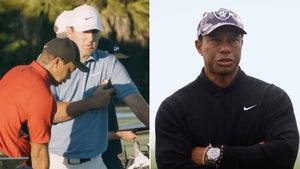 left: tiger woods and scottie scheffler talk on a driving range. right: tiger woods stands with his arms crossed and talks to the camera