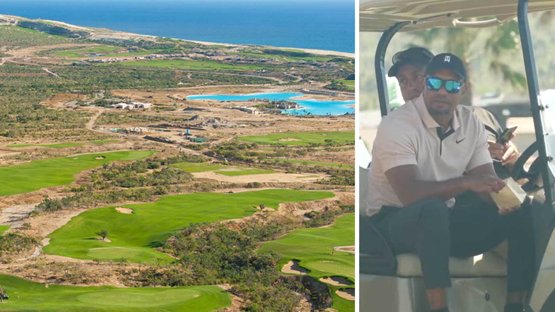 Vista aérea del campo de golf El Cardonal en México;  Tiger Woods en un carrito de golf en El Cordonel