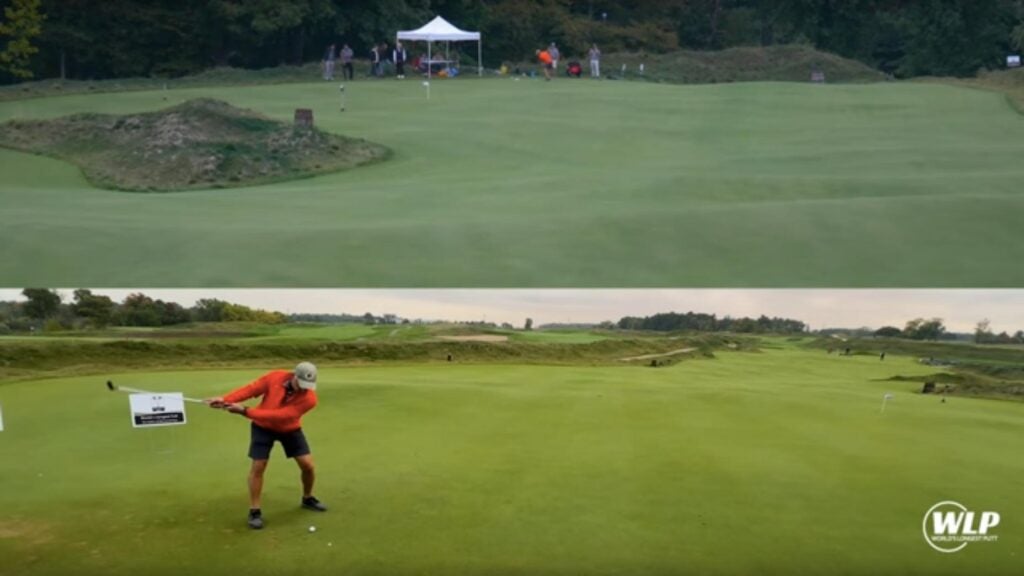 Split image of golfer making the longest putt in history at The Baths at Blackwolf Run