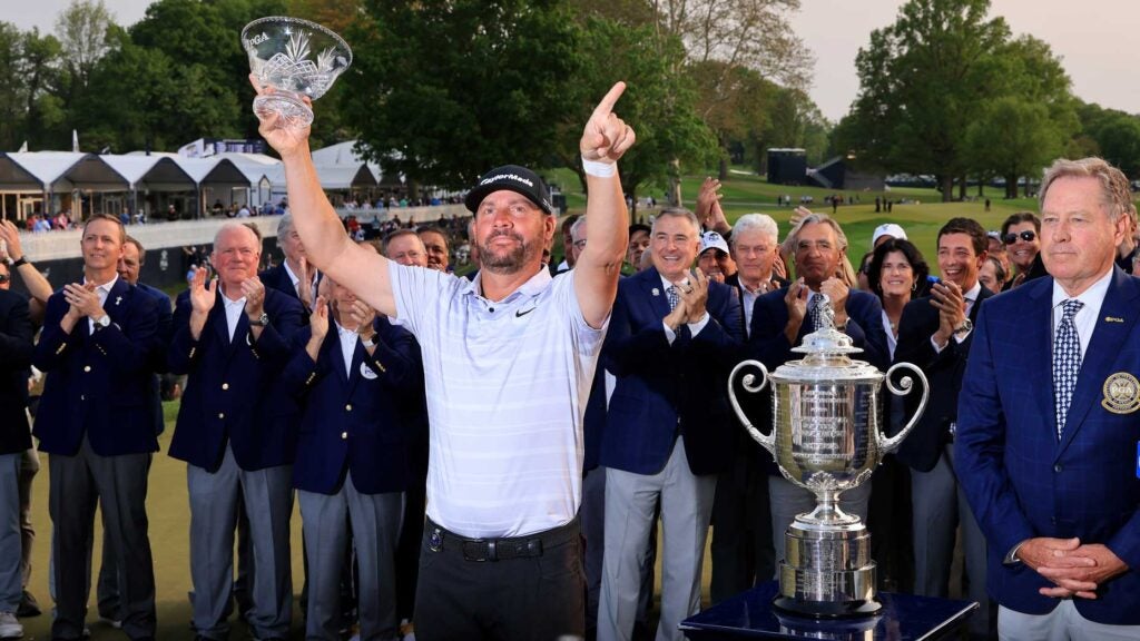 Michael Block holds a trophy at the 2023 PGA Championship.