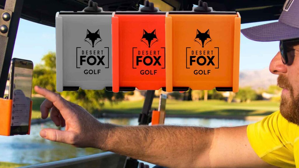 The Desert Fox phone caddy being used in a cart