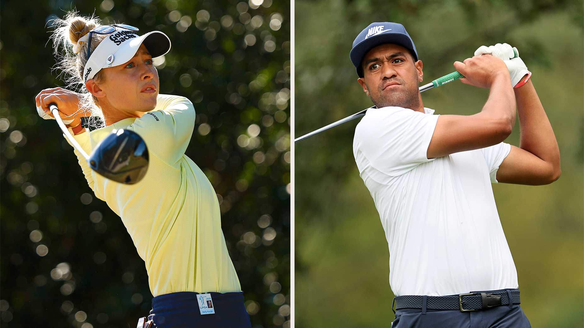 Nelly Korda and Tony Finau hit tee shots.