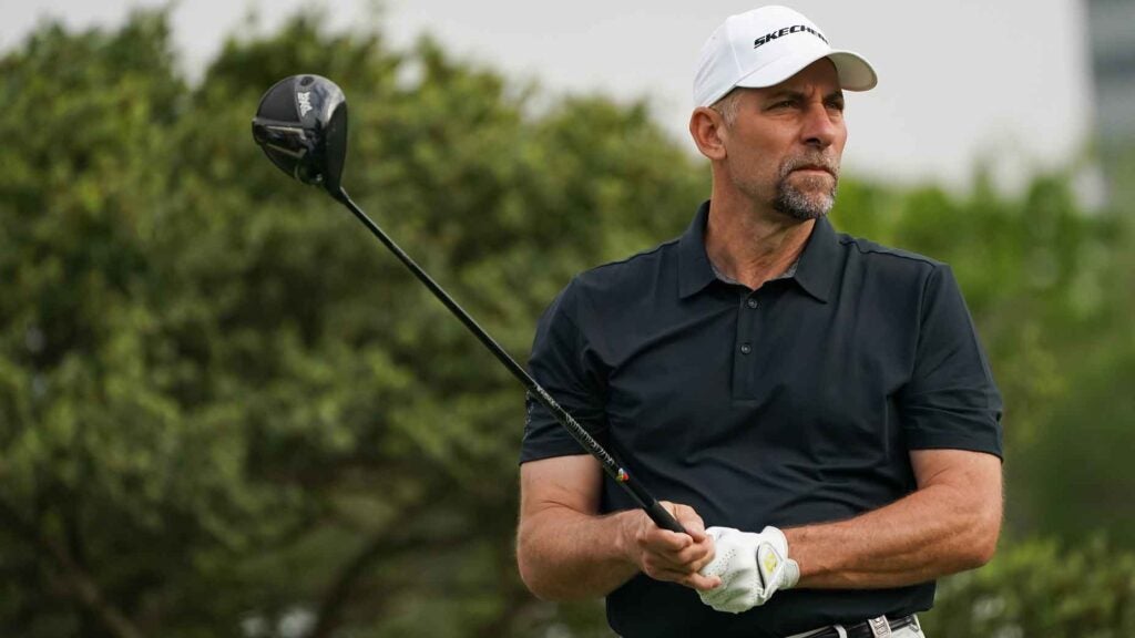 Former MLB player John Smoltz plays his shot from the second hole tee during round one of the ClubCorp Classic at Las Colinas Country Club on April 22, 2022 in Irving, Texas