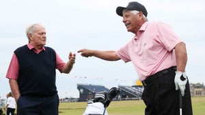Jack Nicklaus of the United States and Lee Trevino of the United States talk during the Celebration of Champions prior to The 150th Open at St Andrews Old Course on July 11, 2022 in St Andrews, Scotland.
