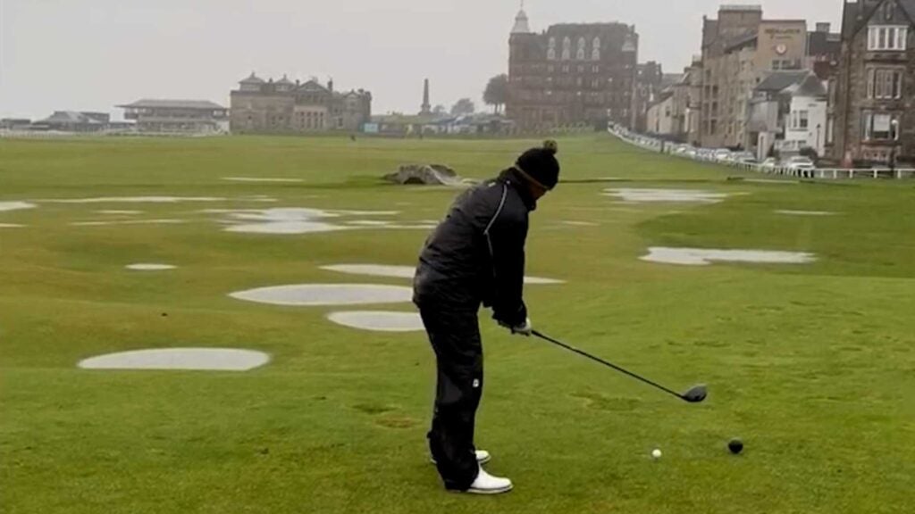 A Notre Dame Golfer tees off on the 18th hole on the Old Course at St. Andrews.