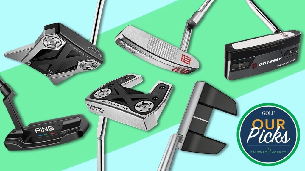 6 golf putters arranged against a turquoise background