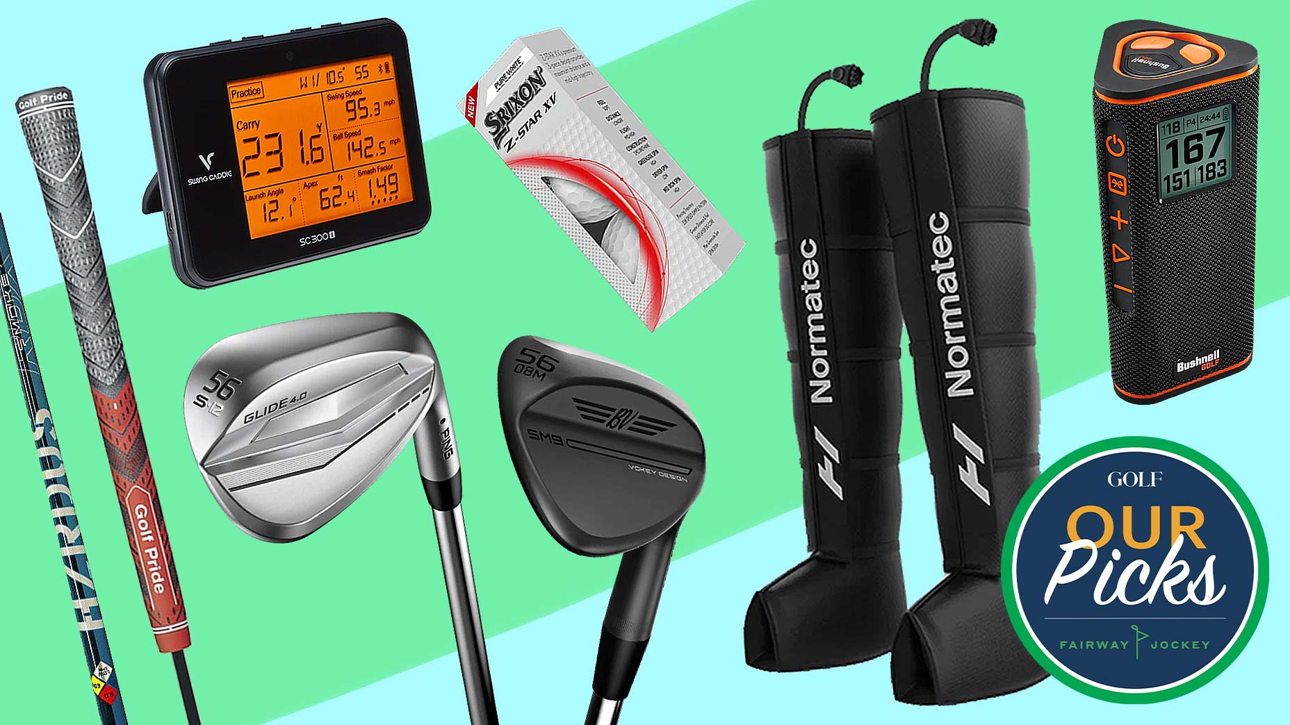 Various equipment best sellers at Fairway Jockey, including the following: Project X shaft, Golf Pride Grip, Ping Glide 4.0 Wedge, 56 degree Vokey Wedge, Swing Caddie Launch Monitor, Normatec Leg Therapy by Hyperice, and the Bushnell Wingman View.