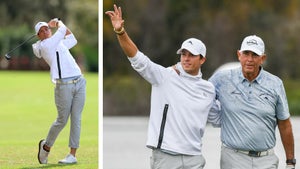ORLANDO, FLORIDA, UNITED STATES - 2023/12/17: Sean Lehman and his father, Tom Lehman, acknowledge the crowd as they arrive at the 18th green during the final round of the PNC Championship at the Ritz-Carlton Golf Club in Orlando, Florida. Bernhard Langer, and his son, Jason Langer won the 2023 PNC Championship. (Photo by Paul Hennessy/SOPA Images/LightRocket via Getty Images) and ORLANDO, FLORIDA - DECEMBER 17: Sean Lehman of The United States plays his second shot on the 14th hole during the final round of the PNC Championship at The Ritz-Carlton Golf Club on December 17, 2023 in Orlando, Florida. (Photo by David Cannon/Getty Images)