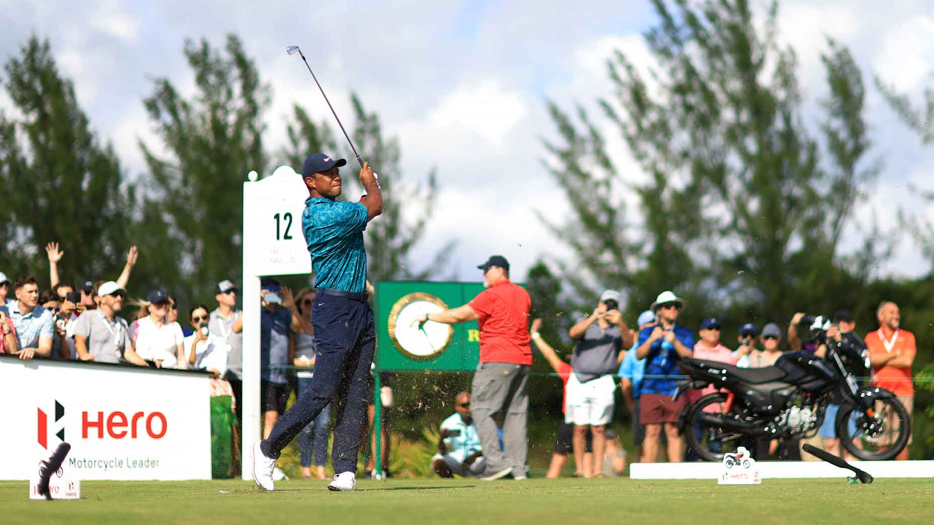 Tiger Woods of the United States plays his shot from the 12th tee during the second round of the Hero World Challenge at Albany Golf Course on December 01, 2023 in Nassau, Bahamas.