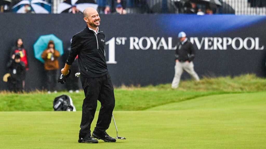 Brian Harman smiles and celebrates his six-stroke victory at the 151st Open Championship at Royal Liverpool on July 23, 2023 in Hoylake, England.