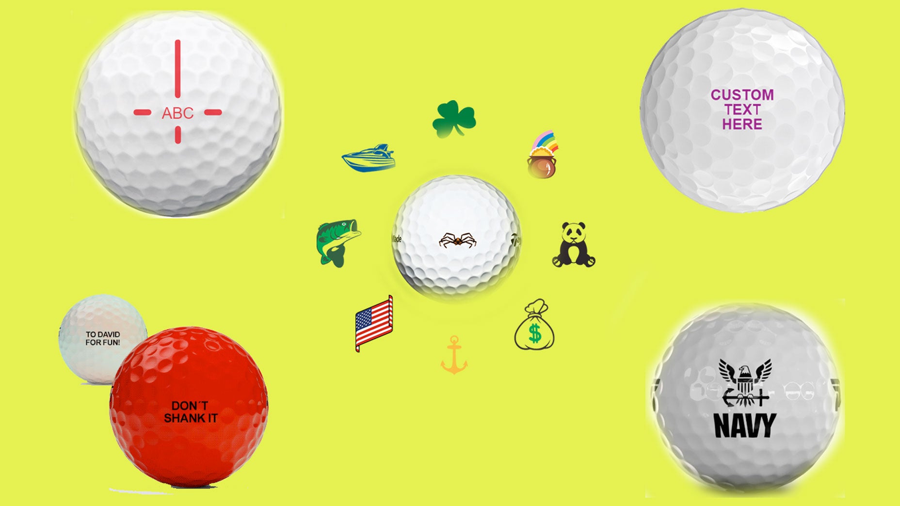 Five custom golf balls from various brands on yellow background
