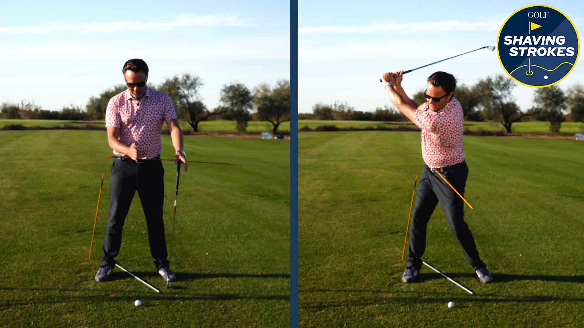 Golf instructor demonstrates drill with alignment sticks