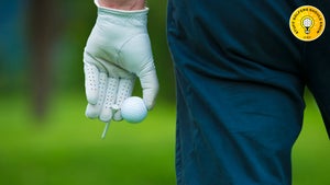 golfer holding a golf ball and tee