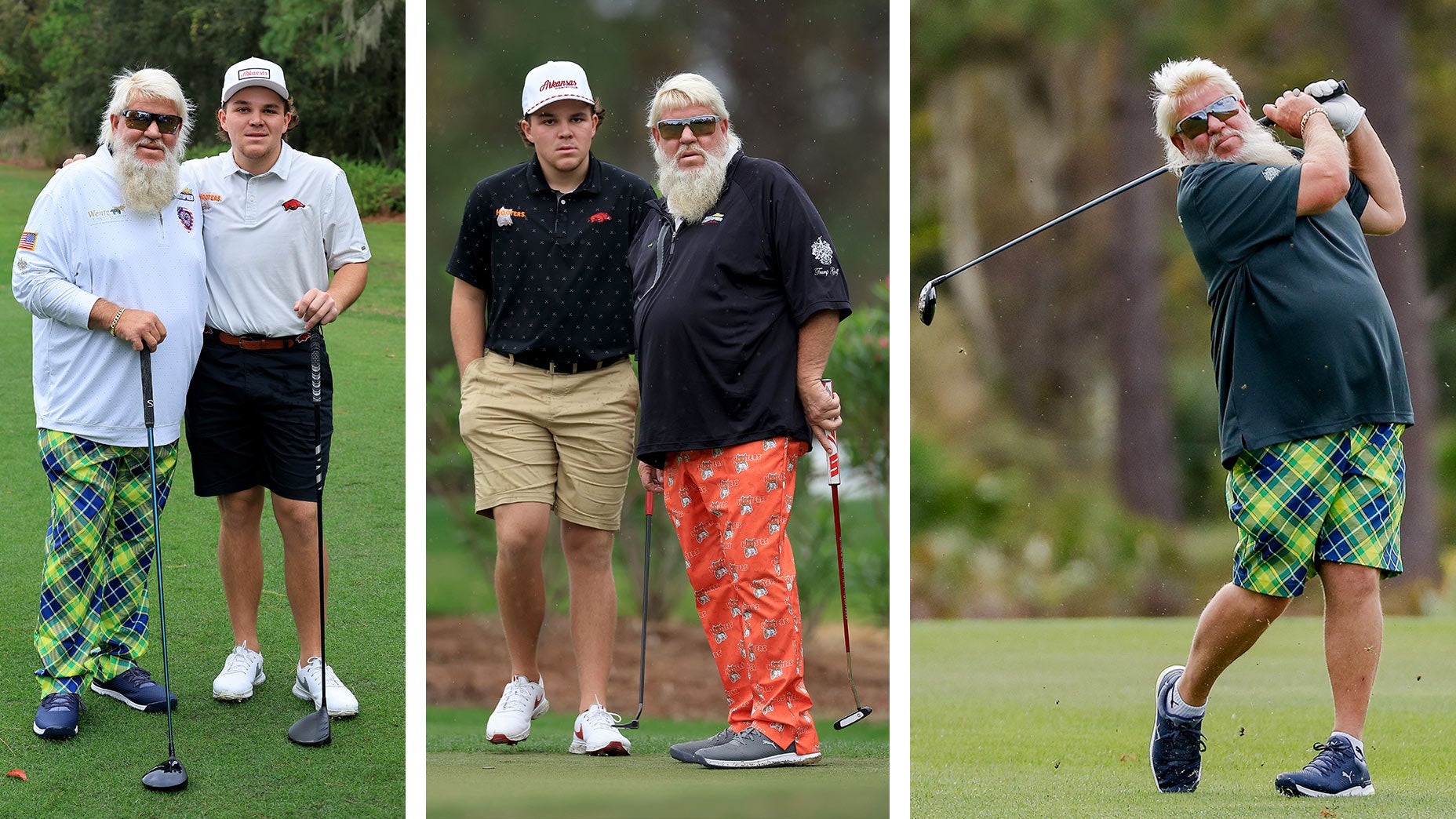 John Daly of The United States poses for a photograph with his son John Daly II at the PNC Championship at The Ritz-Carlton Golf Club on December 17, 2023 in Orlando, Florida.