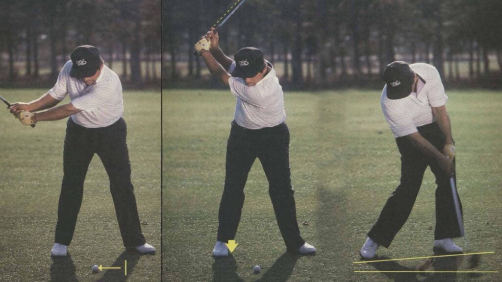 lee trevino hits shot with iron during GOLF Magazine photoshoot in 1985