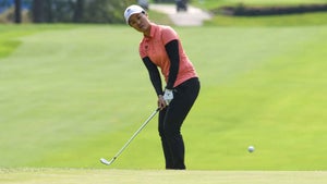Ruoning Yin of China chips on the 11th green during the first round of the CPKC Women's Open at Shaughnessy Golf and Country Club on August 24, 2023 in Vancouver, British Columbia.