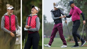 3 images of Nelly Korda wearing pink Nike outfits. One photo with her dad, also in pink Nike matching her.