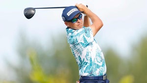 Rickie Fowler holds finish after drive at 2023 Hero World Challenge