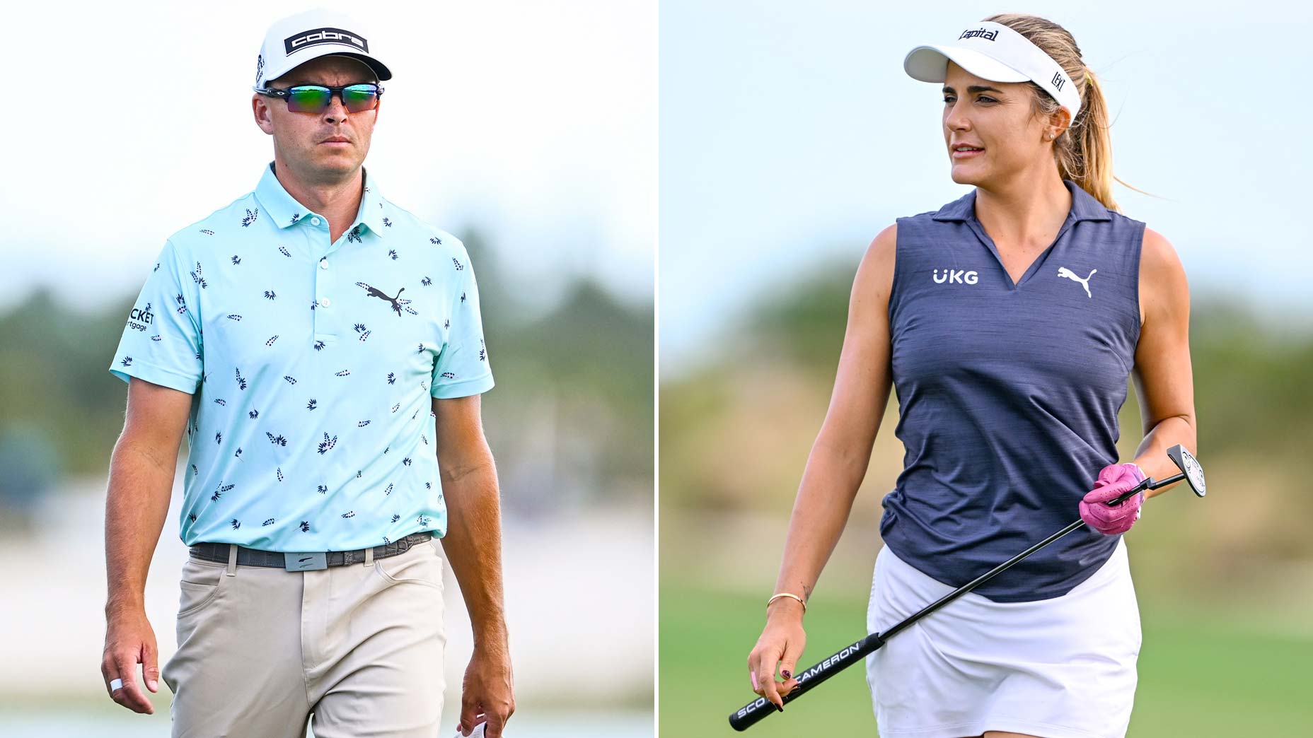 PGA Tour pro Rickie Fowler, left, stands during golf event and LPGA pro Lexi Thompson, right, at tournament