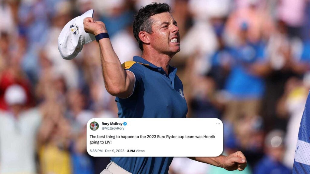 Rory McIlroy screams in celebration of match win at 2023 Ryder Cup in Rome.
