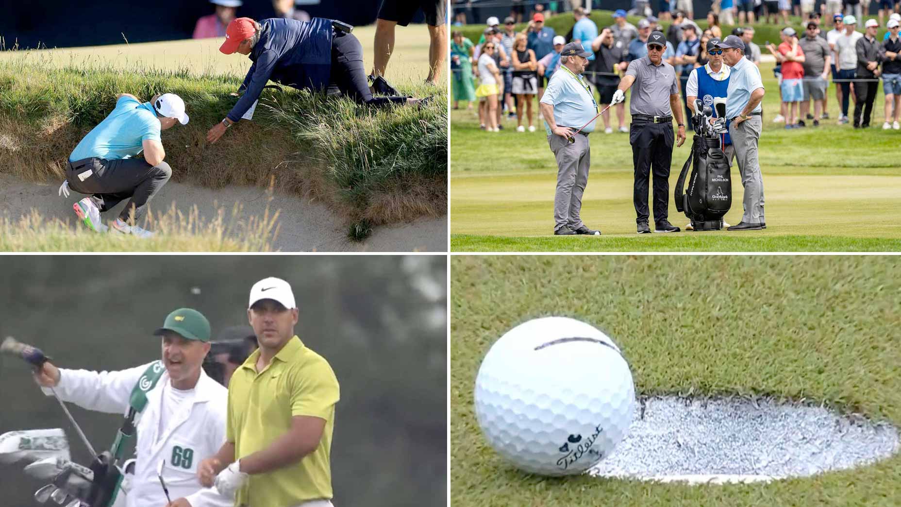 Four images of golf rules incidents involving Rory McIlroy, Phil Mickelson and Brooks Koepka