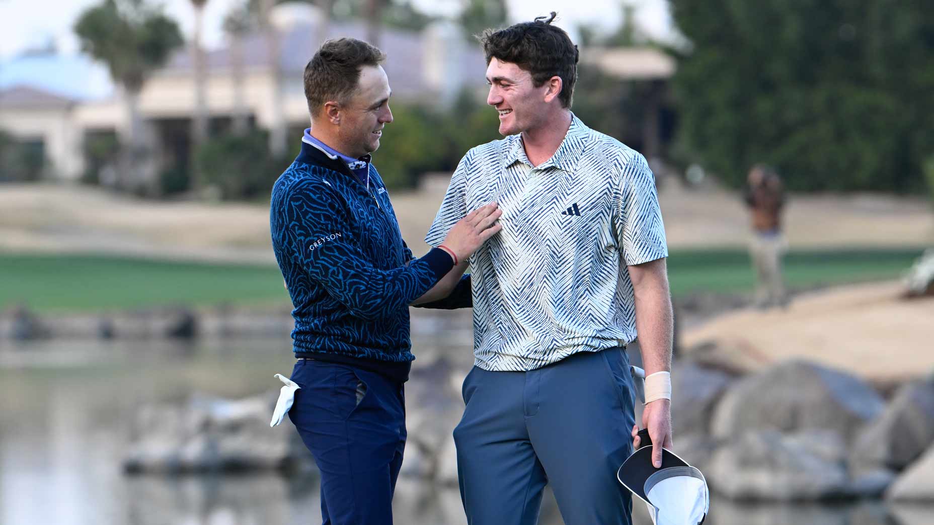 Justin Thomas and Nick Dunlap shake hands at The American Express.