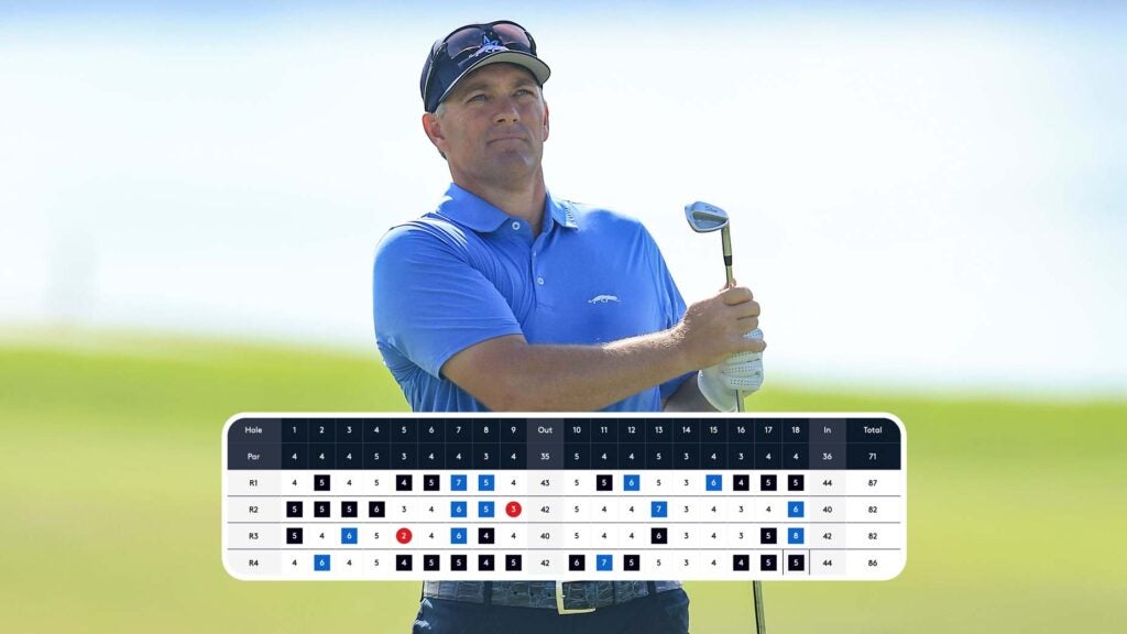 Ken Weyand hits a shot with a graphic of his scorecard overlayed.