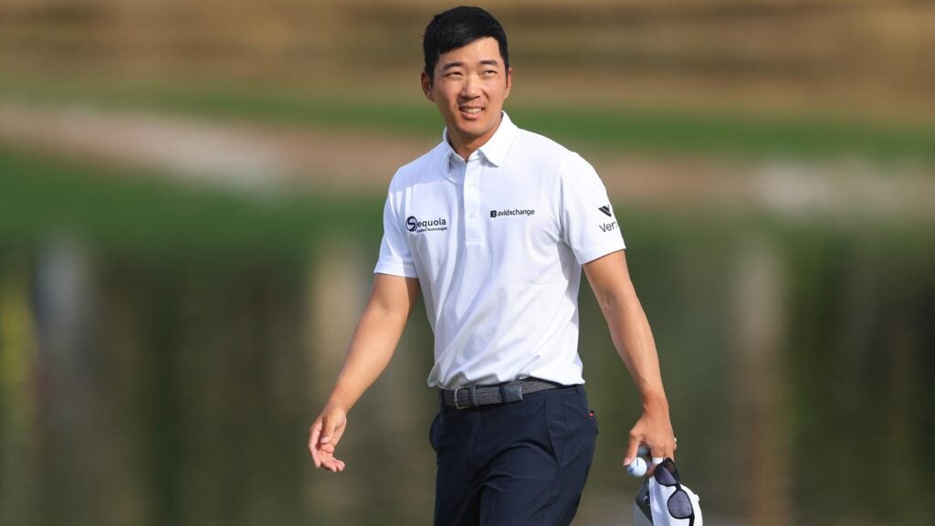 Michael Kim of the United States walks off the 18th green during the second round of The American Express at Nicklaus Tournament Course on January 19, 2024 in La Quinta, California.