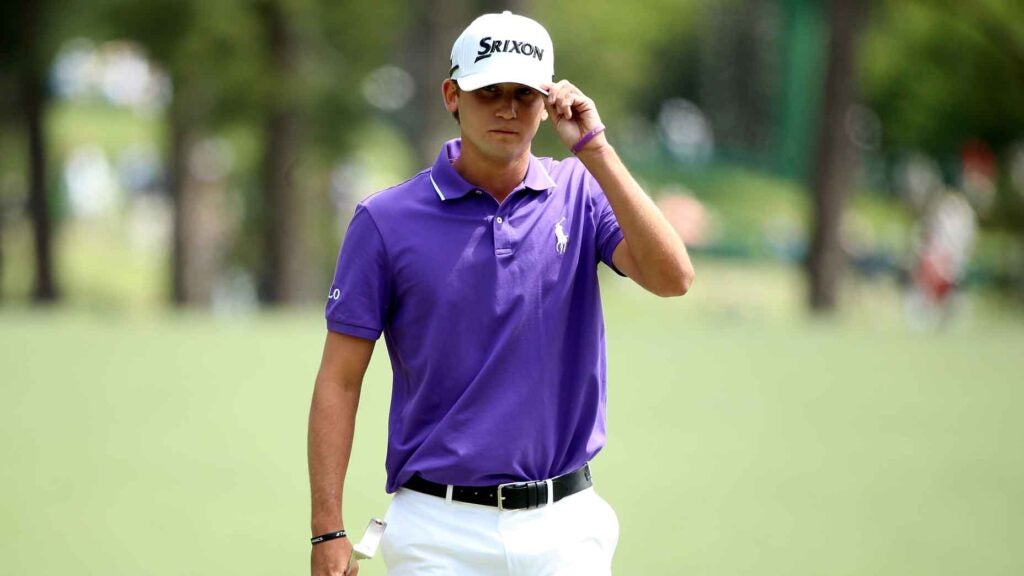 Smylie Kaufman of the United States reacts on the first hole during the final round of the 2016 Masters Tournament at Augusta National Golf Club on April 10, 2016 in Augusta, Georgia