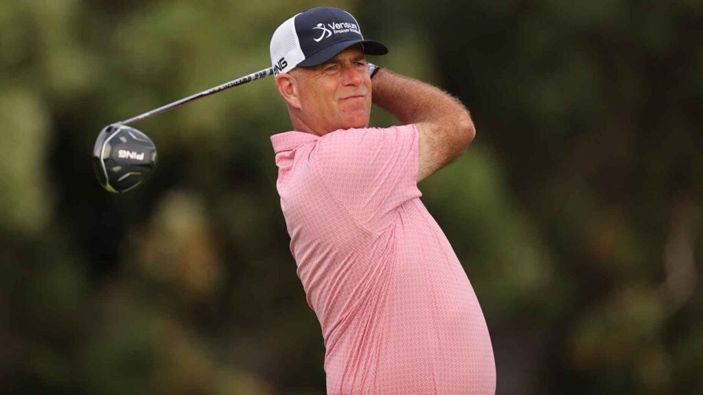Stewart Cink of the United States plays his shot from the 16th tee during the first round of the Sony Open in Hawaii at Waialae Country Club on January 11, 2024 in Honolulu, Hawaii.